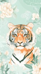 Majestic Tiger Embracing the Chinese Zodiac: A Minimalist Illustration with Geometric Florals on a Light Green Canvas