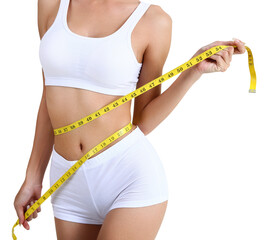 Woman measuring her waist doing diet with transparent background