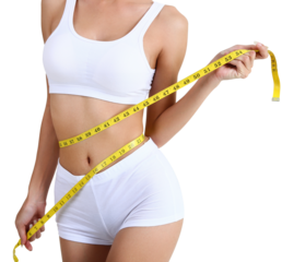 Woman measuring her waist doing diet with transparent background
