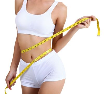 Woman measuring her waist doing diet with transparent background