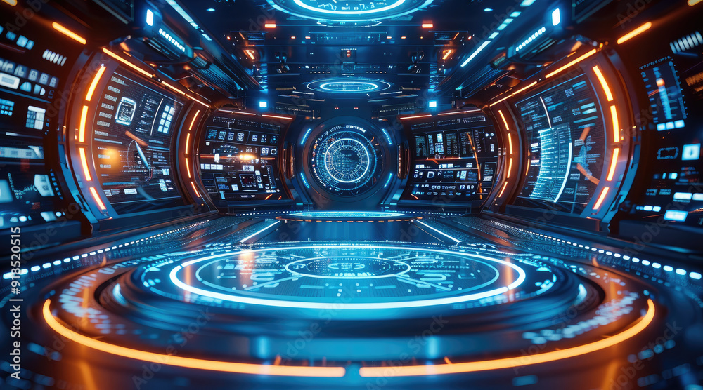 Poster A large round room with an illuminated floor, futuristic digital blue background with glowing lines and circles on the ground and screens on the walls. Generative AI.