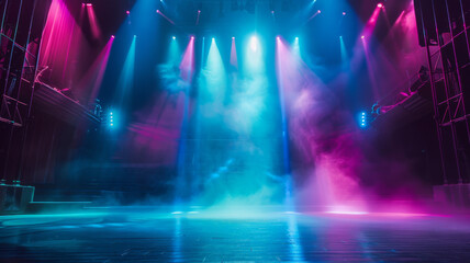 Naklejka premium Empty Stage Illuminated with Blue and Pink Spotlights and Smoke