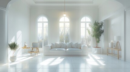 White living room decoration looking minimalist, white tone ambience with raw neutral lighting. Generative AI.
