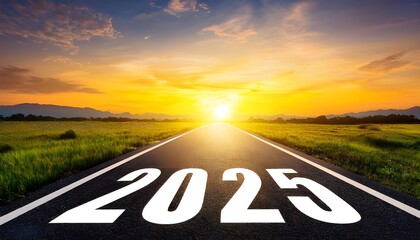 New year 2025, Start 2025 text written in the middle of the road, Concept of starting and planning with bright sun sky background