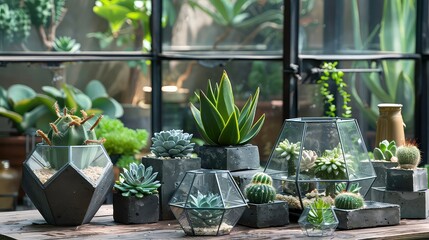 An arrangement of succulents in geometric glass terrariums and concrete pots on a rustic wooden surface.