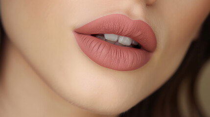 Obraz premium Close-up of soft, matte pink lips with perfect makeup, highlighting beauty and elegance.