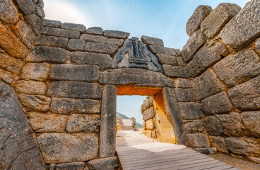 The archaeological site of Mycenae with ancient tombs, giant walls and lions gate, Peloponnese,...