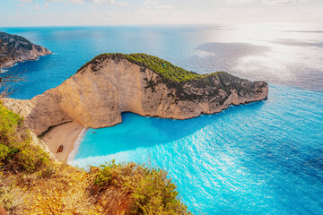 Zakynthos, Greece. Navagio Beach with wrecked ship in Ionian Sea. Beautiful views of azure sea...