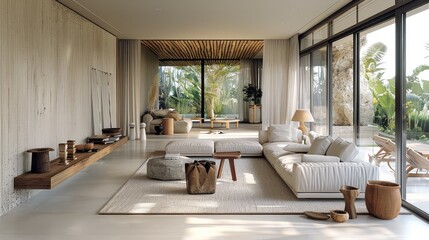 A spacious living room, tranquil, featuring neutral tones of beige, gray, and brown. Natural materials such as stone, wood, and linen are used, with exquisite detail processing. Generative AI.