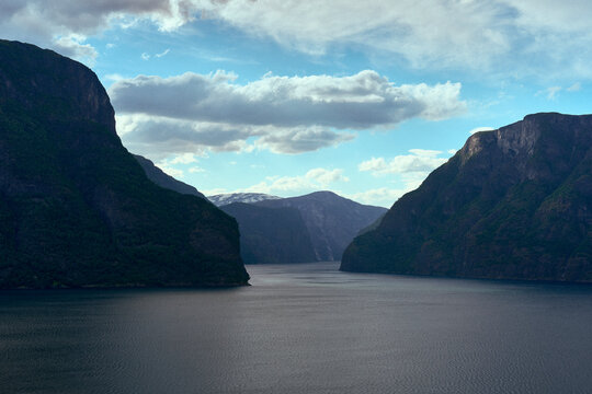 Naeroeyfjorden Fjord from the Norwegian Scenic Route of the Aurlandsfjellet Mountains in June.