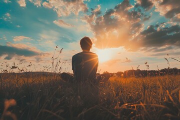 Silhouette of a young man enjoying a serene sunset in a grassy field.