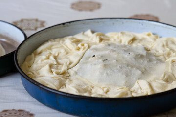 Raw pie dough in a pan ready for baking