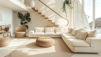 Living room with staircase, bright, modern and luxurious furnishings. Generative AI.