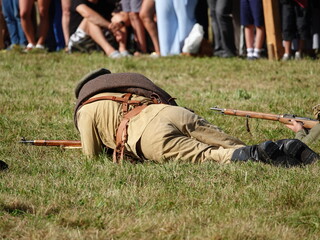 A moment of fierce fighting between French and German troops during World War I. Reconstruction, festival about the First World War.