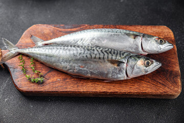 mackerel raw fresh fish seafood fresh meal food snack on the table copy space food background rustic top view keto or paleo diet Pescetarian