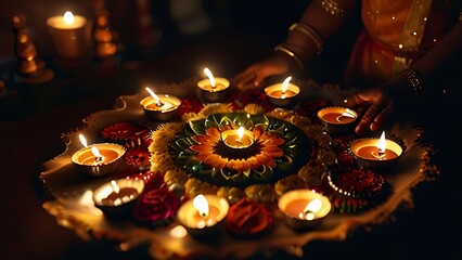 christmas candles on the table, woman praying in church, indian girls, candles in the church, burning candles in the dark, indian Diwali, indian festival, 