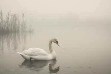 Fototapeta premium Elegant white swan gliding through a misty lake at dawn.