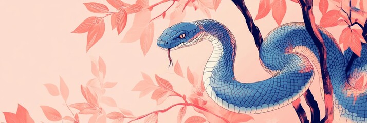 Obraz premium Celebratory Chinese New Year Poster Featuring a Serpent Entwined in a Geometric Floral Pattern with Traditional Chinese Elements on a Light Background