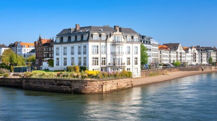 Obraz premium A picturesque castle sits gracefully on a rocky outcrop beside the Rhine, surrounded by lush greenery and mountains under a vibrant blue sky