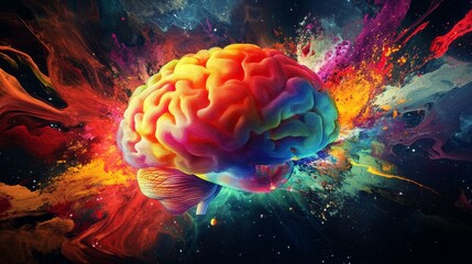 Human brain with colorful splashes imagination idea concept background
