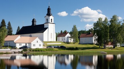 A stunning reflection of a church in a calm lake, surrounded by vibrant greenery and a clear summer sky in Finland