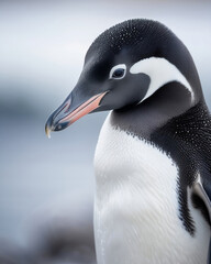 Naklejka premium A close-up portrait of an Adelie penguin standing on an icy shoreline,