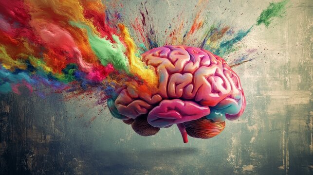 Human brain with colorful splashes imagination idea concept background
