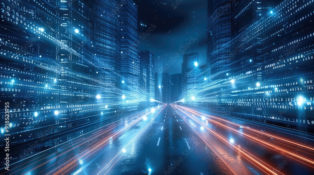 Fototapete a digital cityscape made of binary code, with light trails representing cars moving through the stre