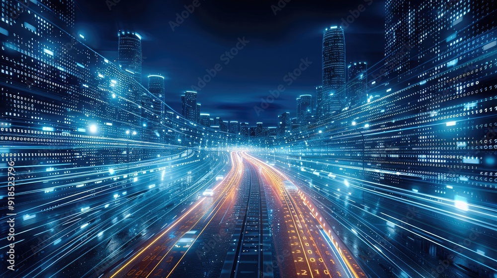 Poster A digital cityscape made of binary code, with light trails representing cars moving through the streets, symbolizing urban technology and innovation. the glowing white lines of data streams in motion.