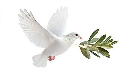 Obraz premium A white dove soars through the air, clutching a green leaf in its beak, symbolizing hope and tranquility amid a serene backdrop