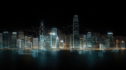 A dark blue skyline illuminated by glowing neon lights reflects on the water, highlighting digital connection lines in a smart urban environment