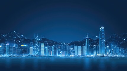 A dark blue skyline illuminated by glowing neon lights reflects on the water, highlighting digital connection lines in a smart urban environment