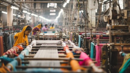 Naklejka premium textile mill with looms weaving fabric and workers sewing garments