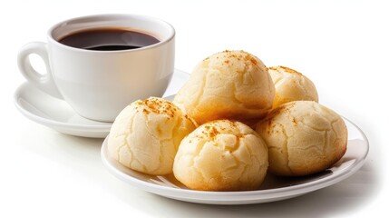 Close-up of a cup of coffee with cheese bread on a white background