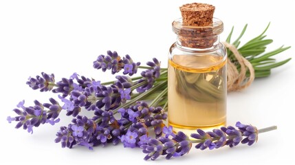 Lavender essential oil in bottle, fresh flowers and leaves isolated on white