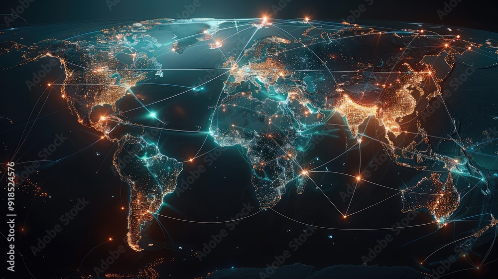 Aufkleber A visually striking world map with luminous lines and points connecting continents, symbolizing a high-tech global network. Generative AI.
