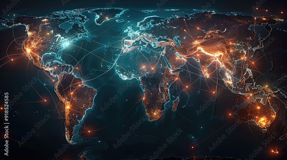 Poster A visually striking world map with luminous lines and points connecting continents, symbolizing a high-tech global network. Generative AI.