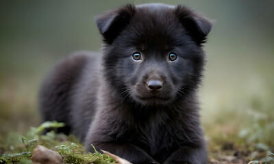 Black puppy dog lying on the ground looking
