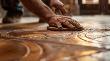 Close-up of a worker sanding a wooden floor with a sander.