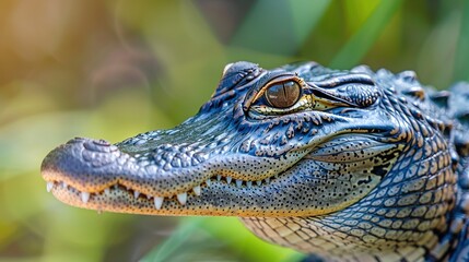 Obraz premium A close-up shot of an alligator's face with a blurry background of lush vegetation