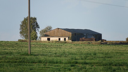 Abandoned one-story wooden building, warehouse, barn, and machinery garage with broken windows in a rural area in the middle of a field. Abandoned property.