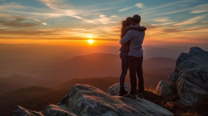 Fototapeta premium couple embracing as they watch the sun rise over the horizon from a mountain peak