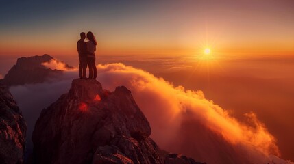 Obraz premium couple embracing as they watch the sun rise over the horizon from a mountain peak
