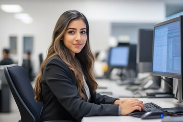 Obraz premium Businesswoman with Headset in Contemporary Office Environment