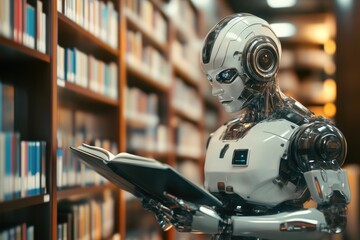 Fototapeta premium Robotic Intellectual Absorbed in Reading Within Modern Library