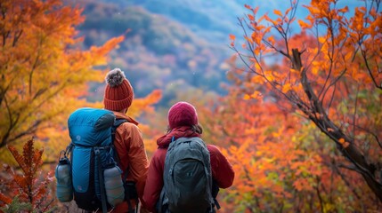 hikers admiring the changing colors of the leaves during autumn