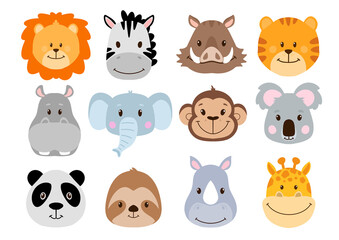 Set of cute safari animals. Jungle Animals. Cute faces. Hand drawn characters. Flat style animals. 