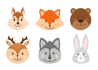 Set of cute woods animals. Forest Animals. Cute faces. Hand drawn characters. Flat style animals. 