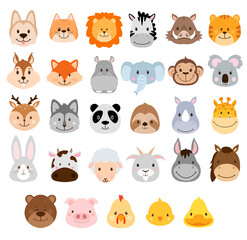 Obraz premium Cute Animals Flat illustration symmetrical heads. Hand drawn characters. Flat style animals. Kids illustrated simple style. Symmetric shape