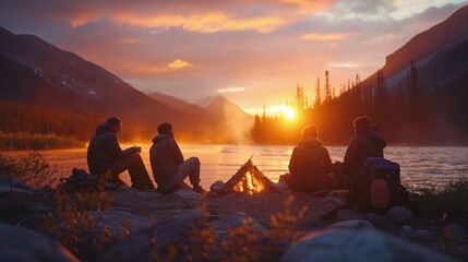 A group of experienced hikers discussing trails and routes over dinner